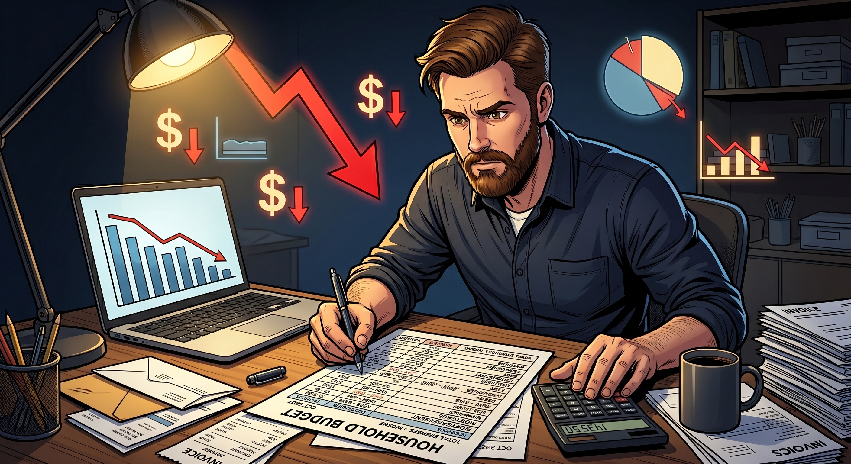 Man reviewing household budget with falling dollar signs and financial pressure in the background